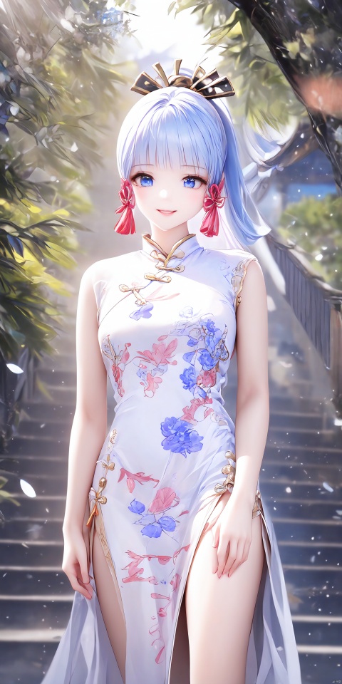 1girl, solo, white dress,Pink lips, chinese clothes, china dress, side slit, Moderate breast,Cheongsam,
——Suburb,Big tree,Blue sky,Flowers and plants,sky
——Clear hand contour,Hand intact,Five fingers of the hand are clear, loli, ((poakl))
——smile
——
——masterpiece, best quality, kamisato ayaka, 1girl, long hair, blue hair, ponytail, hair ribbon, hair ornament, mole under eye, blue eyes, kamisato ayaka,neat bang,straight bang,kamisato_ayaka