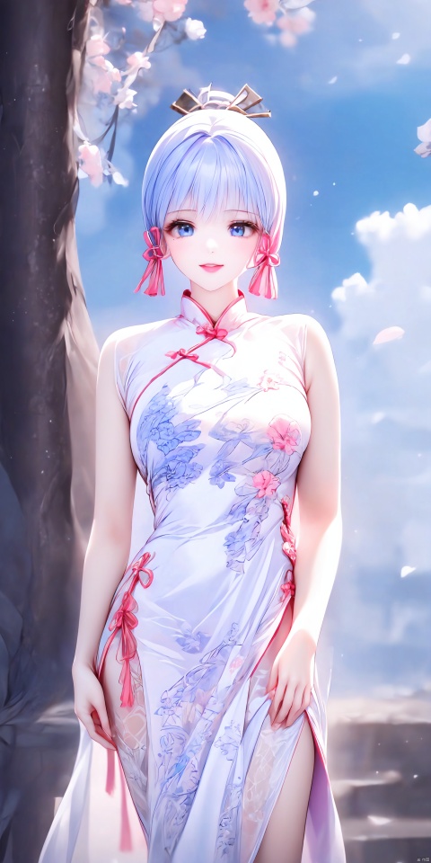1girl, solo, white dress,Pink lips, chinese clothes, china dress, side slit, Big breast,Cheongsam,
——Suburb,Big tree,Blue sky,Flowers and plants,sky
——Clear hand contour,Hand intact,Five fingers of the hand are clear, loli, ((poakl))
——masterpiece, best quality, kamisato ayaka, 1girl, long hair, blue hair, ponytail, hair ribbon, hair ornament, mole under eye, blue eyes, kamisato ayaka,neat bang,straight bang,kamisato_ayaka