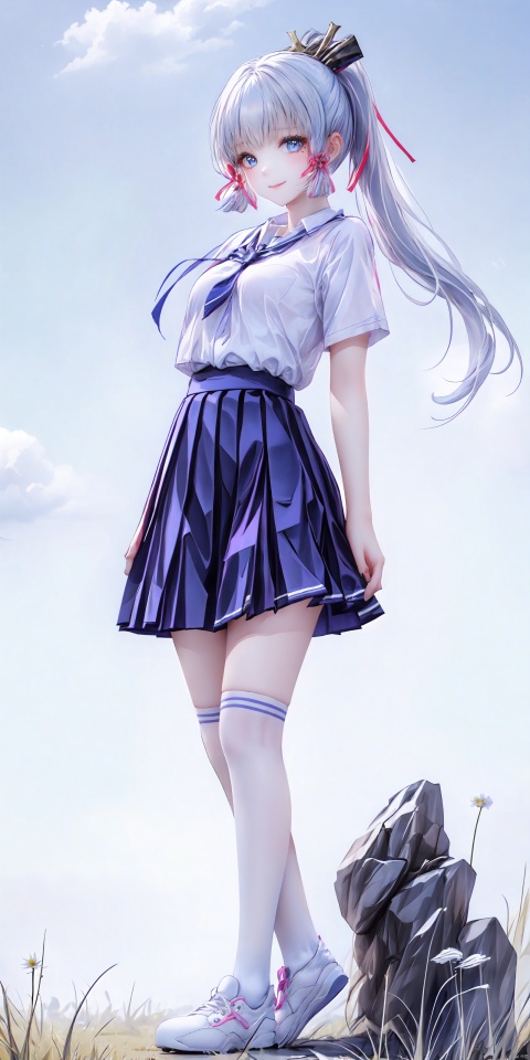  ——1girl, solo, breasts, looking at viewer, skirt, shirt, thighhighs, school uniform, standing, full body, white shirt, short sleeves, pleated skirt, shoes, socks, blue skirt, Miniskirt,Skirt,kneehighs, white footwear, sneakers,Miniskirt
——outdoors,park,Blue sky and white clouds,Grassland,Wild Flower,Dandelion
——Medium breast,Beautiful Legs
——(Dynamic Posture: 1.5)
——shuijingxie,smile
——Telephoto lens
——Clear hand contour,Hand intact,Five fingers of the hand are clear
——1girl, ((poakl))
——masterpiece, best quality, kamisato ayaka, 1girl, long hair, blue hair, ponytail, hair ribbon, hair ornament, mole under eye, blue eyes, kamisato ayaka,neat bang,straight bang, kamisato_ayaka,Extremely long hair,Tall horsetail,Cauda equina simplex