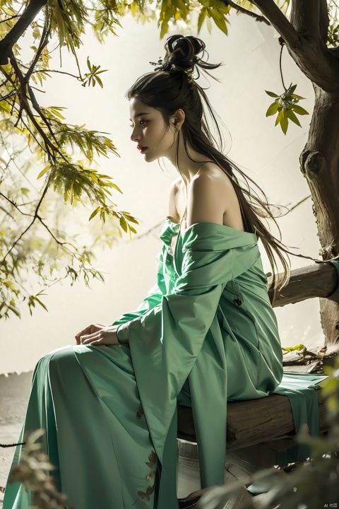  ,1girl,bird,sitting,branch,solo,bare shoulders,white hair,hair bun,long hair,hair ornament,dress,tree,from side,off shoulder,crow,leaf,light green dress,single hair bun,gongbi,, masterpiece,best quality,highres,8k uhd, Neo_ch, Overseas faction