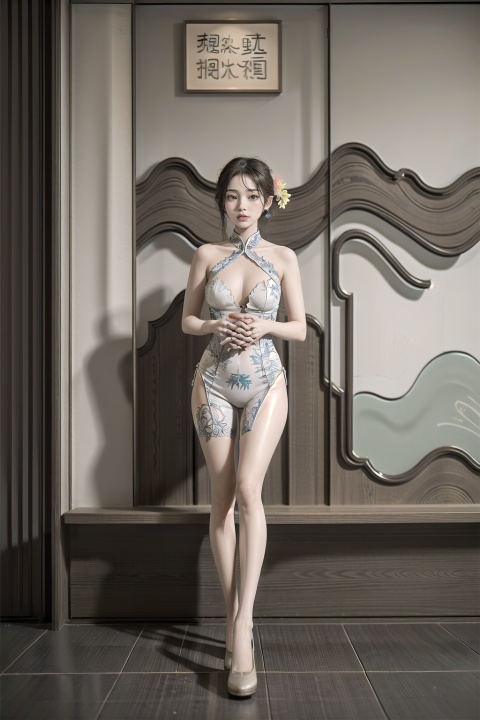  A beautiful woman with delicate facial features,(meca style), big breasts, full body portrait, tattoo all over body, flower arms, in a large villa, indoor
offcial art, colorful, Colorful background, splash of color,movie perspective, advertising style, magazine cover,Modern, Chinese, Song rhyme, Oriental
, 1 girl, film grain