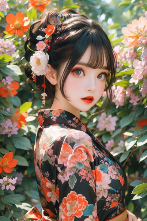  Ukiyo-e style, 1girl, solo, kimono, japanese clothes, black hair, hair ornament, sash, hair flower, waves, obi, looking at viewer, flower, makeup, upper body, water, red lips, short hair, eyeshadow, print kimono, red flower, kanzashi, animal print, floral print, lipstick, closed mouth, from side