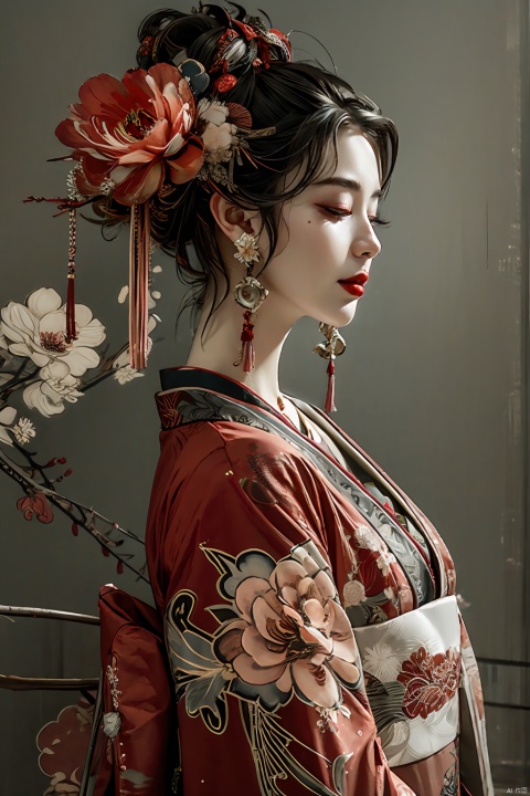  ,1girl, solo, jewelry, flower, hair ornament, earrings, black hair, kimono, makeup, japanese clothes, hair flower, sash, eyeshadow, red lips, necklace, red kimono, upper body, pointy ears, obi, peony \(flower\), lipstick, branch, floral print, half-closed eyes, kanzashi, pink flower, parted lips, pale skin,gongbi, masterpiece,best quality,highres,8k uhd, Neo_ch, gongbi
