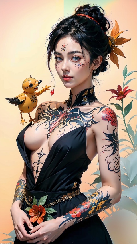  offcial art, colorful, Colorful background, splash of color, A beautiful woman with delicate facial features, The chest is large, tattoo all over body, Flower arms, Surrounded by strange animal stitched puppets,knolling,SAIYA,Ylvi-Tattoos