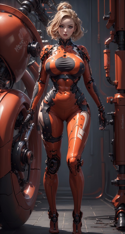  (Masterpiece: 1.6, (highly detailed: 1.6), (best quality: 1.6) (high resolution: 1.6) 1 nude girl, red patent leather Skin-tight garment, (mechanical: 1.1), complex decoration, armed weapons, Futurism, huge breasts, punk,machinery,blue_jijiaS,Sexy muscular,ROBORT,Hourglass body shape,ABS,blonde hair,