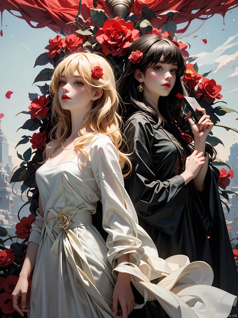 In front of the rose wall,two girl gods,a bright angel in white gauze with a sword in his hand and a dark angel in black robe with a machete in his hand,back to back. Beautiful pictures,
offcial art,colorful,colorful flower wall background,splash of color,movie perspective,advertising style,magazine cover,
