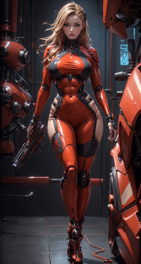  (Masterpiece: 1.6, (highly detailed: 1.6), (best quality: 1.6) (high resolution: 1.6) 1 nude girl, red patent leather Skin-tight garment, (mechanical: 1.1), complex decoration, armed weapons, Futurism, huge breasts, punk,machinery,blue_jijiaS,Sexy muscular,ROBORT,Hourglass body shape,ABS,blonde hair,
