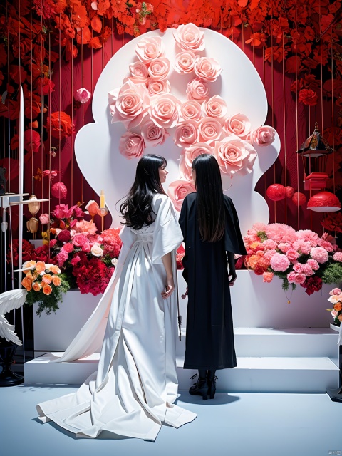 In front of the rose wall,two girl gods,a bright angel in white gauze with a sword in his hand and a dark angel in black robe with a machete in his hand,back to back. Beautiful pictures,
offcial art,colorful,colorful flower wall background,splash of color,movie perspective,advertising style,magazine cover,
, Neo_ch