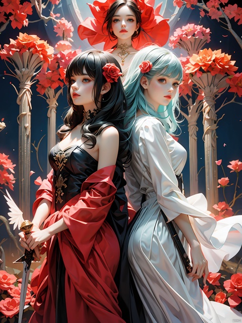 In front of the rose wall,two girl gods,a bright angel in white gauze with a sword in his hand and a dark angel in black robe with a machete in his hand,back to back. Beautiful pictures,
offcial art,colorful,colorful flower wall background,splash of color,movie perspective,advertising style,magazine cover,

