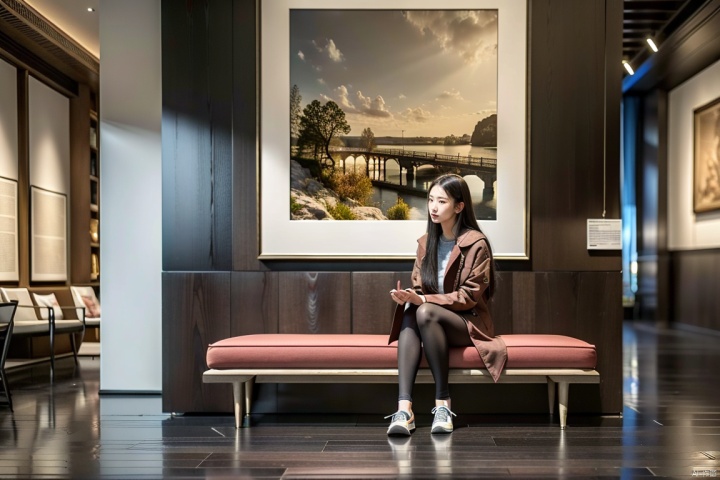  laowang,a woman sitting on a bench in a museum looking at paintings on the wall and floor of a room, (8k, RAW photo, best quality, masterpiece:1.2), (realistic, photo-realistic:1.3)