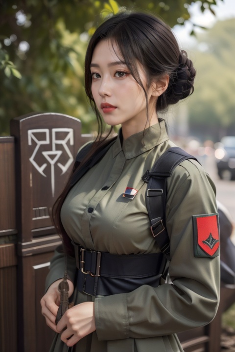 shennongshi,shidudou,deciduous leaves,upper body,gonggongshi,1girl,shuishen,surrounded by runes,yuyao,spell,dress,Fashion Style,Sexysoldier,military style lolita,junzhuangsp,Wearing sex soldier outfit