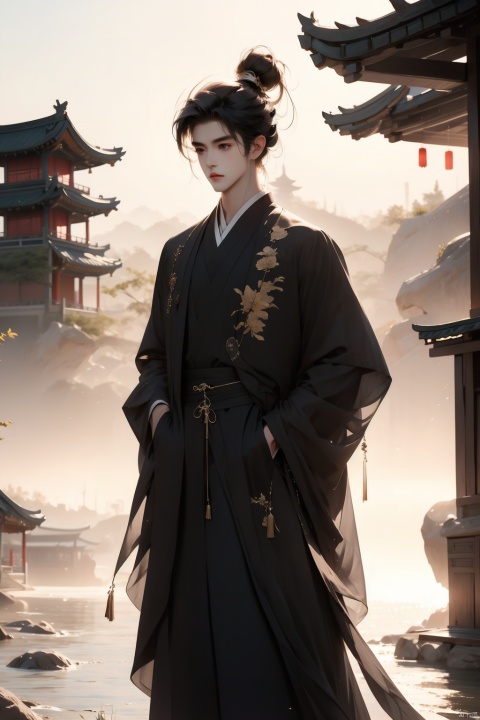 A boy, supple black long hair, black clothes, Chinese dress, 8K, elegant, Chinese style