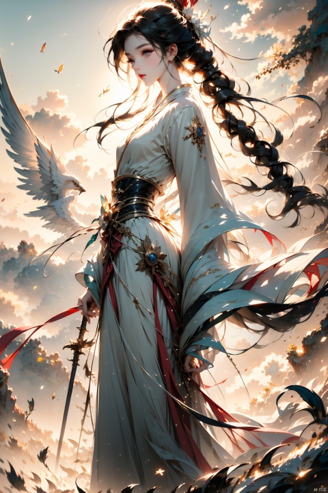 Boy, long black hair, black eyes, ribbon, Chinese clothing, red clothing, sword in hand, standing in the wind, 8K, Angel