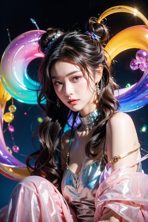 ((best quality)),((masterpiece)), 20-year-old girl, knee shot, hair fluttering, (long hair),jewelry, twintails, hair bun, chromatic dispersion, glowing colors, (metallic_lustre:1.3), (transparent_plastic:1.1), coloured glaze, Polychromatic prism effect, rainbowcore, iridescence/opalescence, see_through, aluminum foil, glowing ambianc, night sky city background, neon, star, standard-breast, ,liuli2,fishnet pantyhose,Fishnet stockings, aqueous media,