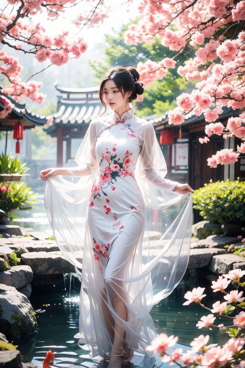 traditional Chinese scenery, a gorgeous woman in a flowing qipao dress, floating in mid-air with grace, surrounded by ethereal mist, a mystical garden with cherry blossom trees and koi ponds, the sound of wind chimes filling the air, captured in a traditional Chinese ink painting style, with delicate brushwork and textured paper, evoking a sense of tranquility and elegance
