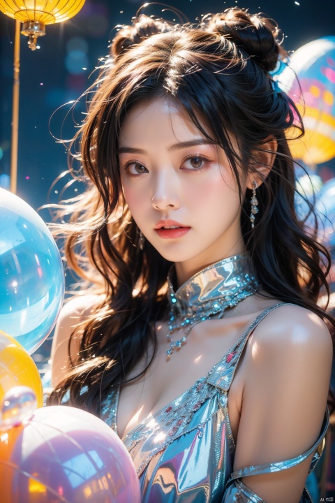 ((best quality)),((masterpiece)), 20-year-old girl, knee shot, hair fluttering, (long hair),jewelry, twintails, hair bun, chromatic dispersion, glowing colors, (metallic_lustre:1.3), (transparent_plastic:1.1), coloured glaze, Polychromatic prism effect, rainbowcore, iridescence/opalescence, see_through, aluminum foil, glowing ambianc, night sky city background, neon, star, standard-breast, ,liuli2,fishnet pantyhose,Fishnet stockings, aqueous media,
