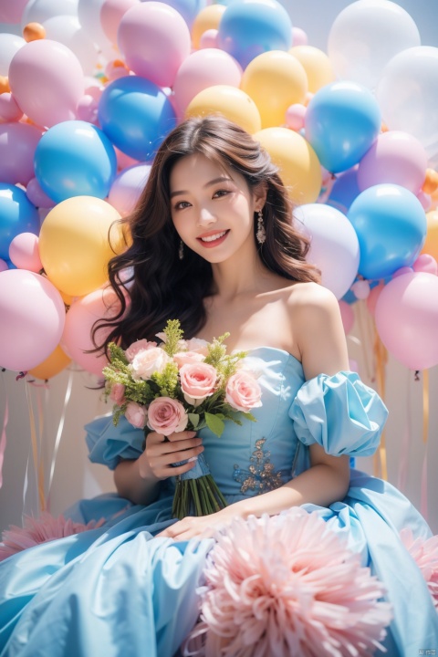  A young girl in a beautiful dress holding a bouquet of balloons, surrounded by colorful balloons, smiling happily, happy, joyful, celebration, innocence, youthfulness, vibrant colors, high quality image, full HD, sharp focus, dreamy background, pastel colors., qiqiu, 1girl,moyou, Daofa Rune
