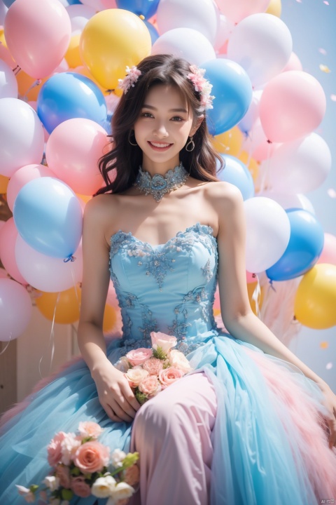  A young girl in a beautiful dress holding a bouquet of balloons, surrounded by colorful balloons, smiling happily, happy, joyful, celebration, innocence, youthfulness, vibrant colors, high quality image, full HD, sharp focus, dreamy background, pastel colors., qiqiu, 1girl,moyou, Daofa Rune