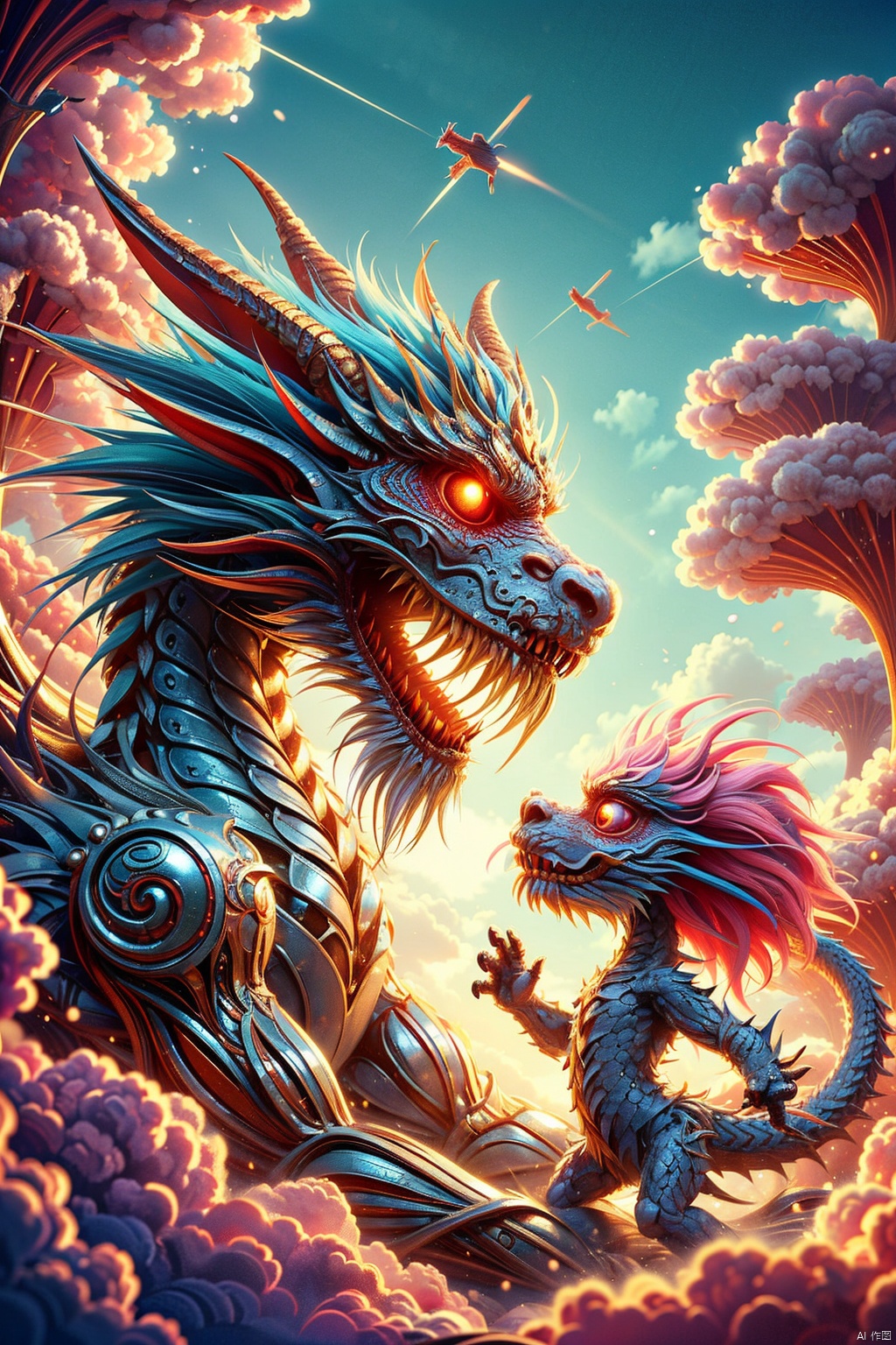  Masterpiece, high-quality, Pixar animated style, a cute Chinese dragon, cape, with a brilliant smile. Cotton candy material, its tail is like a cloud, and a rainbow cloud floats on its head. Pink flowers, pink sky, soft light, POV perspective, rich details, realistic details, light blue or light red, strong close-up, surrealistic illustrations,

, sparkling dress