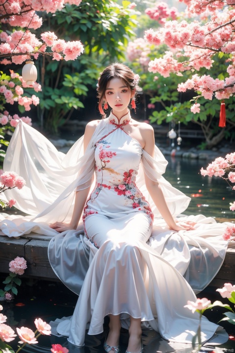 traditional Chinese scenery, a gorgeous woman in a flowing qipao dress, floating in mid-air with grace, surrounded by ethereal mist, a mystical garden with cherry blossom trees and koi ponds, the sound of wind chimes filling the air, captured in a traditional Chinese ink painting style, with delicate brushwork and textured paper, evoking a sense of tranquility and elegance
