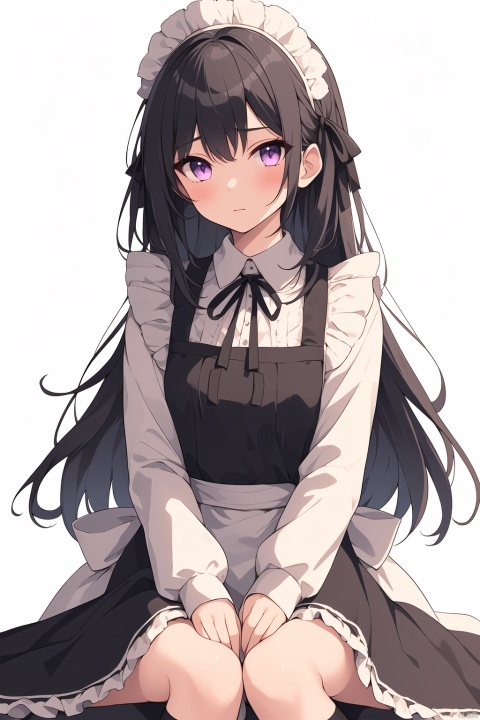  1girl, solo, long hair, looking at viewer, bangs, simple background, black hair, long sleeves, white background, dress, ribbon, sitting, closed mouth, purple eyes, frills, alternate costume, socks, blurry, apron, black dress, arm up, maid, kneehighs, maid headdress, neck ribbon, frilled dress, blue ribbon, black socks, white apron, maid apron, enmaided, green ribbon, inoue takina, ((poakl))