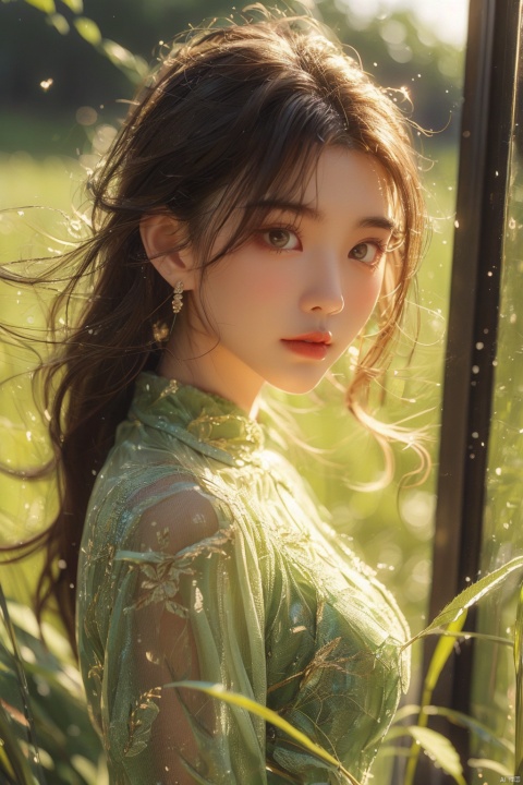  (glass:1.5), wings,1girl, solo, looking at viewer, bangs, black hair, brown eyes, jewelry, closed mouth, upper body, earrings, medium hair, from side, sweater, lips, makeup, leaf, plant, green background, green theme, green sweater, realistic, Chinese style, 30710, white pantyhose, guofengZ, (\shen ming shao nv\)