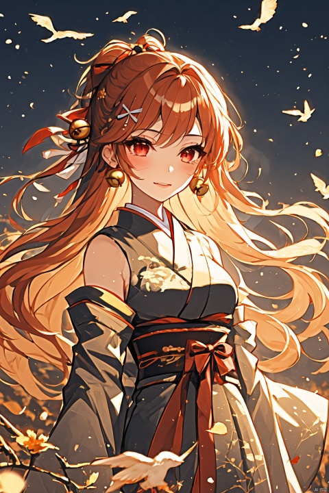  1girl, solo, long hair, hair ornament, red eyes, ribbon, very long hair, hair ribbon, red hair, outdoors, detached sleeves, japanese clothes, wide sleeves, kimono, orange hair, red ribbon, sash, petals, bell, bird, jingle bell, jijianchahua, (\shen ming shao nv\)