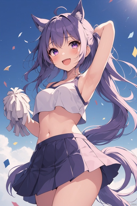  1girl, solo, long hair, breasts, looking at viewer, blush, smile, open mouth, bangs, skirt, shirt, navel, holding, animal ears, purple eyes, tail, purple hair, :d, cowboy shot, pleated skirt, small breasts, outdoors, sky, sleeveless, day, midriff, cloud, miniskirt, armpits, stomach, arm up, blue sky, crop top, swept bangs, horse ears, horse girl, horse tail, cheerleader, pom pom \(cheerleading\), confetti, ear ribbon, holding pom poms, mejiro mcqueen \(umamusume\)