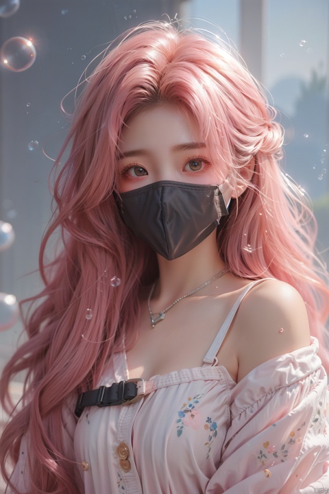  (mouth mask:1.4),pink hair,bubble,best quality,masterpiece,simple background,1girl,solo,solo focus,saori \(blue archive\),long hair,black hair,halo,standing,looking at viewer,glowing eye,open clothes,off shoulder,coat,crop top,chest harness,black pants,thigh holster,snap-fit buckle,close-up,hand in pocket, (\meng ze\)