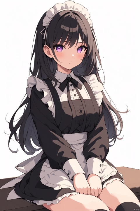  1girl, solo, long hair, looking at viewer, bangs, simple background, black hair, long sleeves, white background, dress, ribbon, sitting, closed mouth, purple eyes, frills, alternate costume, socks, blurry, apron, black dress, arm up, maid, kneehighs, maid headdress, neck ribbon, frilled dress, blue ribbon, black socks, white apron, maid apron, enmaided, green ribbon, inoue takina, ((poakl))