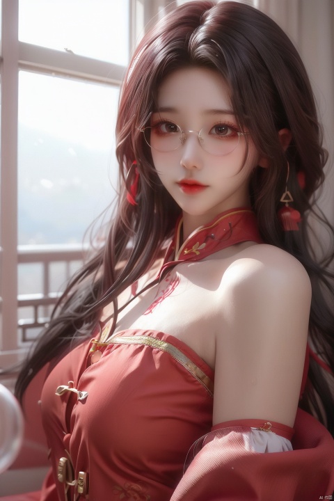  A girl. 37 point short hair over the shoulder. Black hair. Red cheongsam. Black sleeves. Red glasses. Red eyes.Black stockings. Black long boots. Black safety shorts.Details of cheongsam. Clothing details.