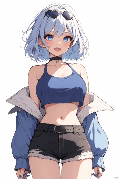  1girl, solo, breasts, looking at viewer, smile, short hair, open mouth, blue eyes, simple background, shirt, hair ornament, long sleeves, white background, navel, holding, bare shoulders, blue hair, jacket, white hair, :d, heart, thighs, multicolored hair, cowboy shot, open clothes, shorts, sleeveless, choker, fang, midriff, belt, armpits, off shoulder, stomach, bag, nail polish, arm up, open jacket, streaked hair, crop top, short shorts, sleeveless shirt, sunglasses, blue shirt, blue jacket, eyewear on head, blue nails, white shorts, spaghetti strap, blue choker, heart-shaped eyewear, (/qingning/), jijianchahua, jiqing, ((poakl))