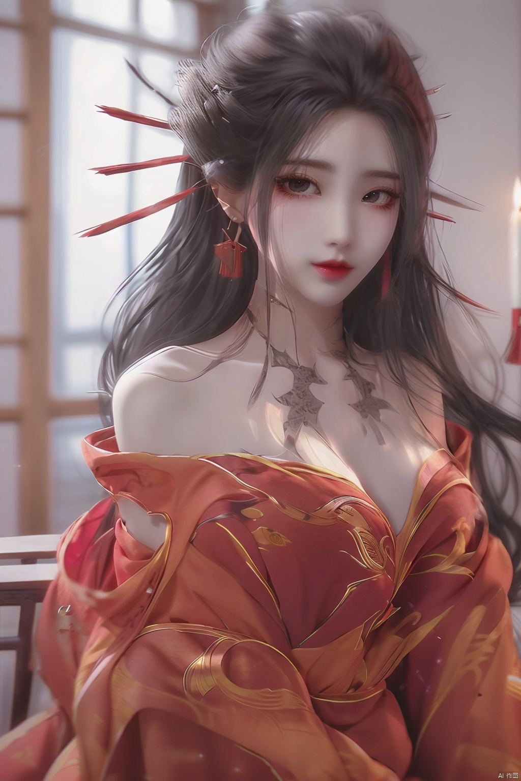  1girl,hair ornament,solo,flower,hair flower,candle,earrings,jewelry,black hair,black eyes,blurry,lips,red lips,looking at viewer,tassel,depth of field,makeup,realistic,(red_clothes:1.3),chinese clothes,floral print,upper body,medium breasts,off-the-shoulder,sitting, ylj-hd, yanlingji, (\meng ze\)