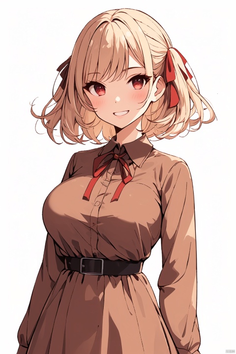  1girl, solo, breasts, looking at viewer, blush, smile, short hair, bangs, blonde hair, large breasts, shirt, red eyes, long sleeves, dress, ribbon, hair ribbon, upper body, collared shirt, belt, grin, red ribbon, neck ribbon, red dress, bob cut, blue ribbon, hands on hips, pleated dress, grey dress, two-tone dress, red belt, lycoris uniform, nishikigi chisato