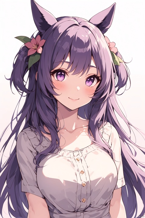  1girl, solo, long hair, looking at viewer, blush, smile, bangs, shirt, hair ornament, bow, ribbon, animal ears, closed mouth, purple eyes, collarbone, upper body, purple hair, flower, hair flower, swept bangs, horse ears, horse girl, mejiro mcqueen \(umamusume\)