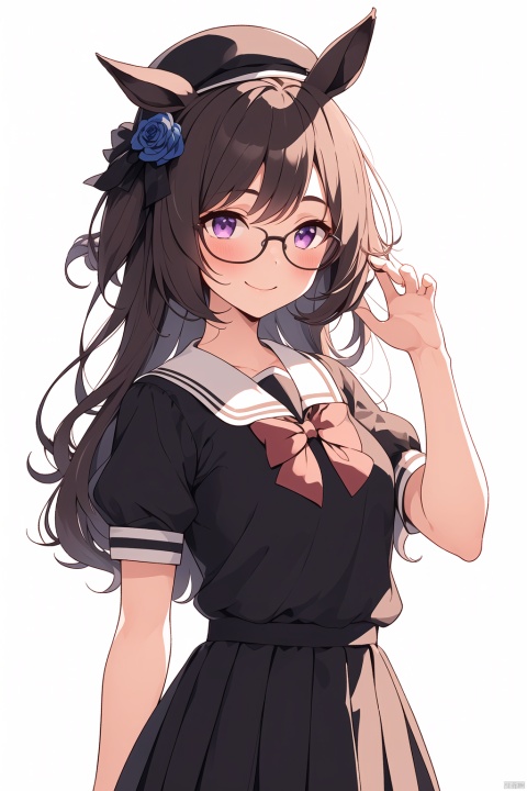  1girl, solo, long hair, looking at viewer, blush, smile, bangs, skirt, simple background, brown hair, shirt, black hair, hat, white background, bow, holding, animal ears, closed mouth, school uniform, purple eyes, collarbone, upper body, flower, short sleeves, pleated skirt, glasses, puffy sleeves, hand up, bowtie, sailor collar, hair over one eye, puffy short sleeves, book, black headwear, rose, flying sweatdrops, horse ears, horse girl, holding book, black-framed eyewear, blue flower, bespectacled, purple shirt, hat flower, adjusting eyewear, sailor shirt, blue rose, tracen school uniform, tilted headwear, summer uniform, rice shower \(umamusume\), ((poakl))