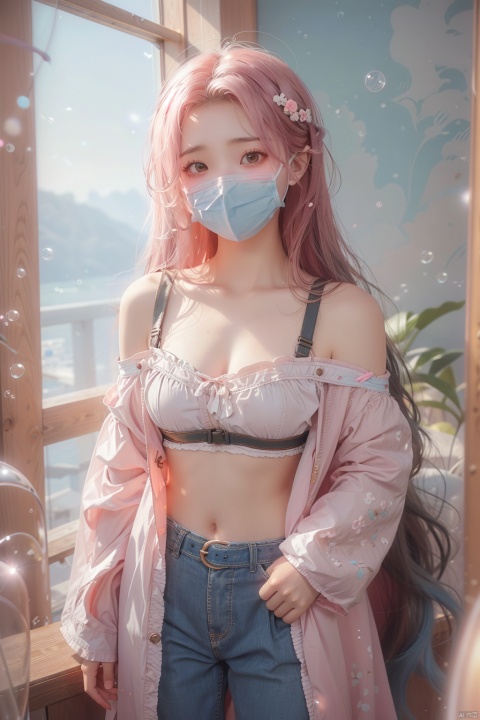  (mouth mask:1.4),pink hair,bubble,best quality,masterpiece,simple background,1girl,solo,solo focus,saori \(blue archive\),long hair,black hair,halo,standing,looking at viewer,glowing eye,off shoulder,coat,crop top,chest harness,black pants,thigh holster,snap-fit buckle,close-up,hand in pocket, (\meng ze\)