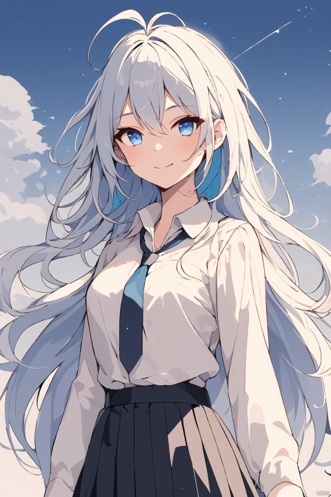  1girl, solo, long hair, looking at viewer, smile, bangs, blue eyes, skirt, shirt, long sleeves, hair between eyes, very long hair, closed mouth, school uniform, blue hair, standing, white shirt, ahoge, white hair, multicolored hair, pleated skirt, necktie, sky,