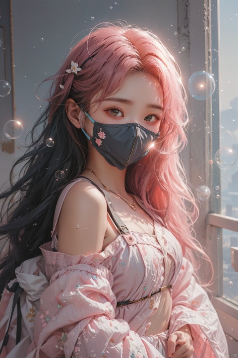  (mouth mask:1.4),pink hair,bubble,best quality,masterpiece,simple background,1girl,solo,solo focus,saori \(blue archive\),long hair,black hair,halo,standing,looking at viewer,glowing eye,open clothes,off shoulder,coat,crop top,chest harness,black pants,thigh holster,snap-fit buckle,close-up,hand in pocket, (\meng ze\)