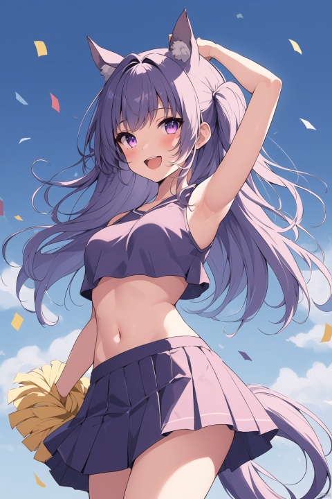  1girl, solo, long hair, breasts, looking at viewer, blush, smile, open mouth, bangs, skirt, shirt, navel, holding, animal ears, purple eyes, tail, purple hair, :d, cowboy shot, pleated skirt, small breasts, outdoors, sky, sleeveless, day, midriff, cloud, miniskirt, armpits, stomach, arm up, blue sky, crop top, swept bangs, horse ears, horse girl, horse tail, cheerleader, pom pom \(cheerleading\), confetti, ear ribbon, holding pom poms, mejiro mcqueen \(umamusume\)