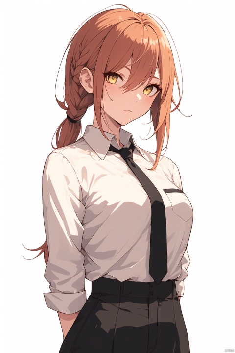  1girl, solo, long hair, breasts, looking at viewer, bangs, simple background, shirt, white background, medium breasts, yellow eyes, white shirt, braid, sidelocks, red hair, necktie, collared shirt, pants, book, leaning forward, arms behind back, black pants, black necktie, braided ponytail, ringed eyes, makima \(chainsaw man\), ((poakl))