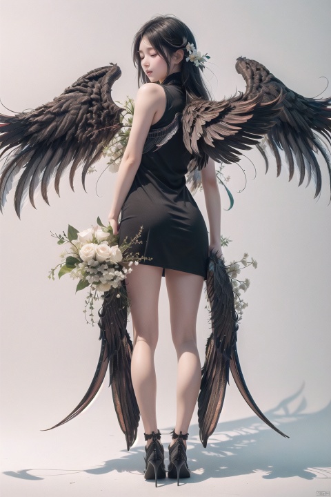  white background, (wings:1.5),1 little girl, chubby, cute, super cute, with one eye closed, long hair, black, hair filled with flowers, holding a large bouquet of flowers in her hand, full body, panoramic, white background, minimalist style, (\shen ming shao nv\), jijianchahua