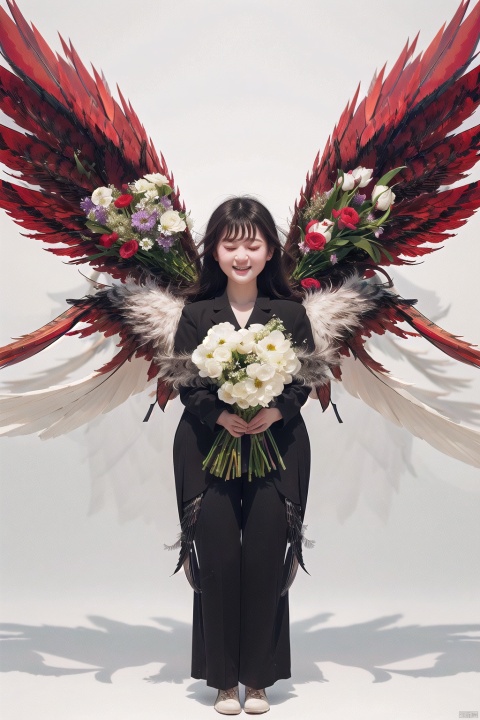  white background, (wings:1.5),1 little girl, chubby, cute, super cute, with one eye closed, long hair, black, hair filled with flowers, holding a large bouquet of flowers in her hand, full body, panoramic, white background, minimalist style, (\shen ming shao nv\), jijianchahua