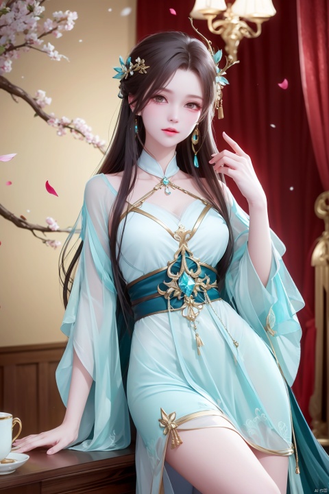 8k,RAW photo,best quality,masterpiece,hatching (texture),skin gloss,light persona,artbook,extremely detailed CG unity 8k wallpaper,official art,(high detailed skin),glossy skin,contrapposto,female focus,sexy,fine fabric emphasis,wall paper,leaning_on_object,leaning,1girl,dress,hair ornament,long hair,curtains,cup,earrings,jewelry,table,solo,sitting,black hair,brown hair,blue dress,solo,very long hair,hanfu,fate/stay night,blue circle,petals,branch,snowing,snow,xxe-hd,ll-hd, ty-hd