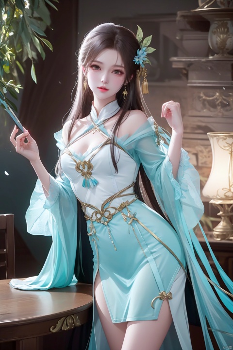 8k,RAW photo,best quality,masterpiece,hatching (texture),skin gloss,light persona,artbook,extremely detailed CG unity 8k wallpaper,official art,(high detailed skin),glossy skin,contrapposto,female focus,sexy,fine fabric emphasis,wall paper,leaning_on_object,leaning,1girl,dress,hair ornament,long hair,curtains,cup,earrings,jewelry,table,solo,sitting,black hair,brown hair,blue dress,solo,very long hair,hanfu,fate/stay night,blue circle,petals,branch,snowing,snow,xxe-hd,ll-hd, ty-hd