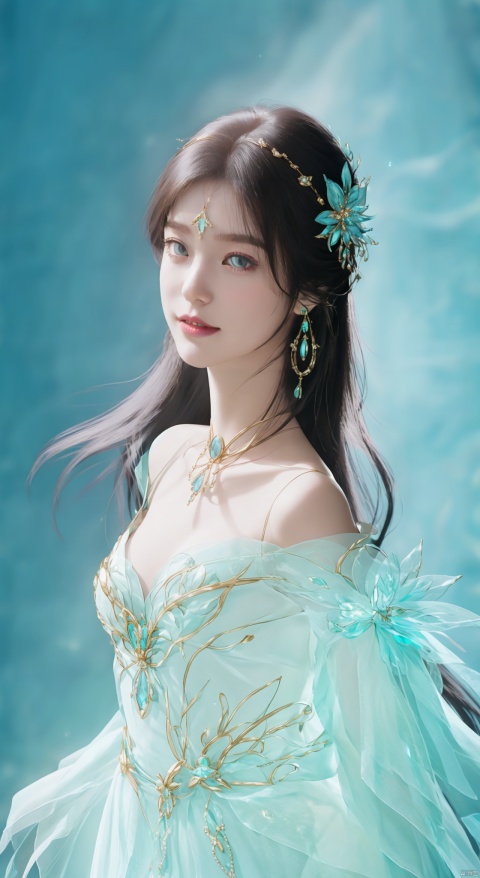 (Reality :1.5), full
body,frontal view,Looking at the camera,Official art, Uniform 8k quality, Super Detail, Fine Detail Skin, Movie Lighting, Masterpiece, Best picture Quality, (Deep shadow), backlight, Contouring Light, light Background, 1 girl, Vermilion lips,（A sweet  smile）,Light blue transparent dress,smooth shoulders,Floral background,Exquisite clavicle,Jewelry and hair accessories,dress,xxe-hd,face details