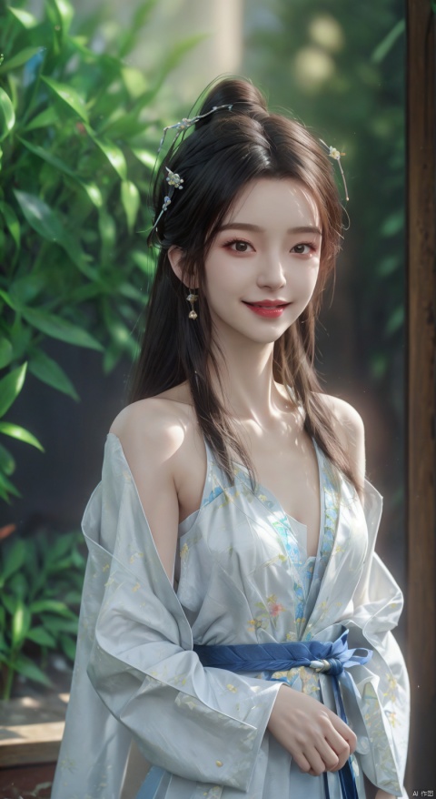  (Reality :1.5), Official art, Uniform 8k quality, Super Detail, Fine Detail Skin, (Movie Angle), Movie Texture, Movie Lighting, Masterpiece, Best picture Quality, (Deep shadow), backlight, Contouring Light, light Background, 1 girl, Vermilion lips,（A sweet toothy smile）,Song style Hanfu,Expose smooth shoulders,Floral background,Exquisite clavicle,Jewelry and hair accessories,Hairpin hairstyle, limuwan, hanfu
