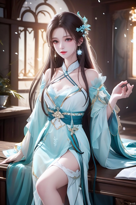 8k,RAW photo,best quality,masterpiece,hatching (texture),skin gloss,light persona,artbook,extremely detailed CG unity 8k wallpaper,official art,(high detailed skin),glossy skin,contrapposto,female focus,sexy,fine fabric emphasis,wall paper,leaning_on_object,leaning,1girl,dress,hair ornament,long hair,curtains,cup,earrings,jewelry,table,solo,sitting,black hair,brown hair,blue dress,solo,very long hair,hanfu,fate/stay night,blue circle,petals,branch,snowing,snow,xxe-hd,ll-hd, ty-hd,glow,