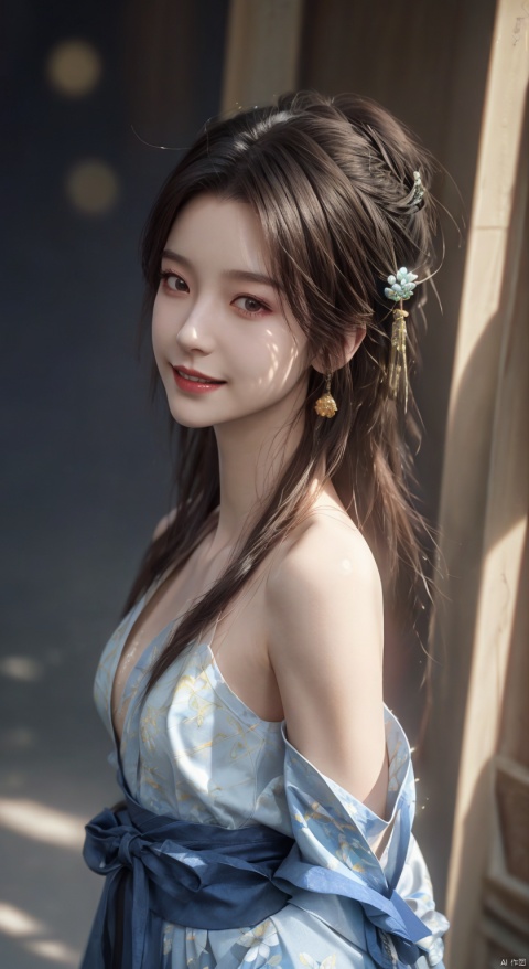  (Reality :1.5), Official art, Uniform 8k quality, Super Detail, Fine Detail Skin, (Movie Angle), Movie Texture, Movie Lighting, Masterpiece, Best picture Quality, (Deep shadow), backlight, Contouring Light, light Background, 1 girl, Vermilion lips,（A sweet toothy smile）,Song style Hanfu,Expose smooth shoulders,Floral background,Exquisite clavicle, limuwan, hanfu