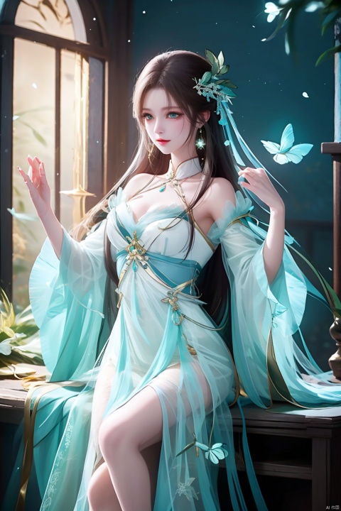 8k,RAW photo,best quality,masterpiece,hatching (texture),skin gloss,light persona,artbook,extremely detailed CG unity 8k wallpaper,official art,(high detailed skin),glossy skin,contrapposto,female focus,sexy,fine fabric emphasis,wall paper,leaning_on_object,leaning,1girl,dress,hair ornament,long hair,curtains,cup,earrings,jewelry,table,solo,sitting,black hair,brown hair,blue dress,solo,Emerald green eyes,Skin texture,very long hair,hanfu,fate/stay night,blue circle,Organza lace,petals,branch,snowing,snow,xxe-hd,ll-hd, ty-hd,glow,